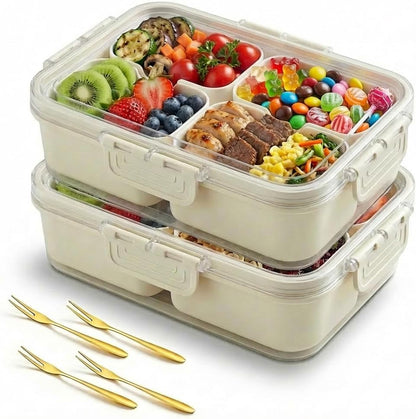 Divided Serving Tray with Lid, 4 Compartment Snack Containers, Snack Box Container for Candy, Snackle Box Container, Fruit and Snacks, Portable Small Snackle Box for Party, Picnic, Travel (2 PCS)