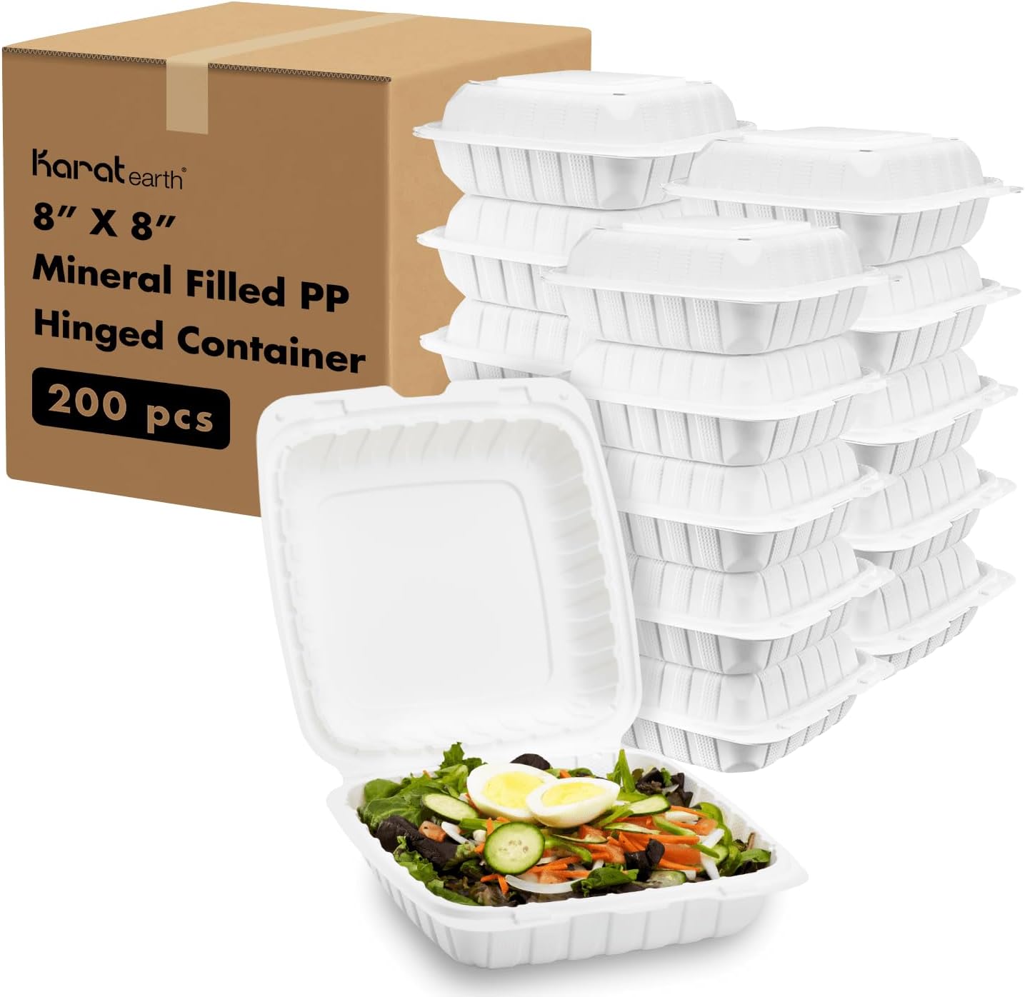 KARAT EARTH Clamshell Take Out Food Containers [8"x8" - 200 ct] To Go Containers | 3 Compartment, Soak-Resistant, Durable, Stackable | Vented for Hot/Cold Foods, White