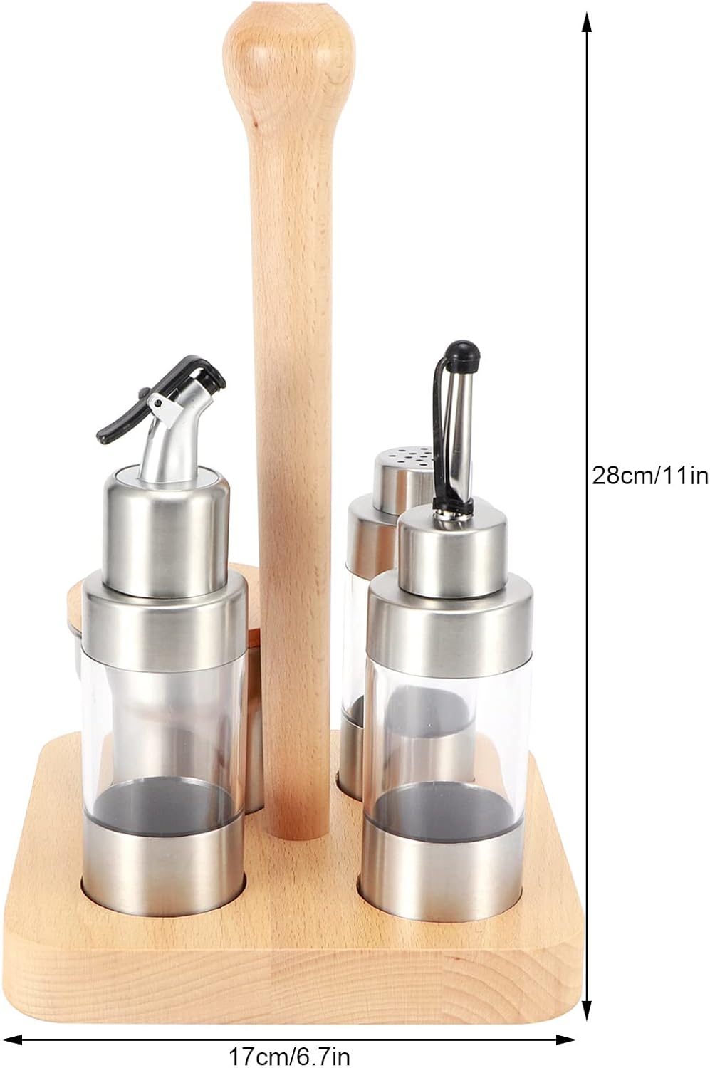 Cruet Set, Wood Condiment Spice Pepper Jar Box 5PCS Stainless Steel Plastic Oil Vinegar Salt Pepper Condiment Dispensers Set with Spoon (square wooden frame)