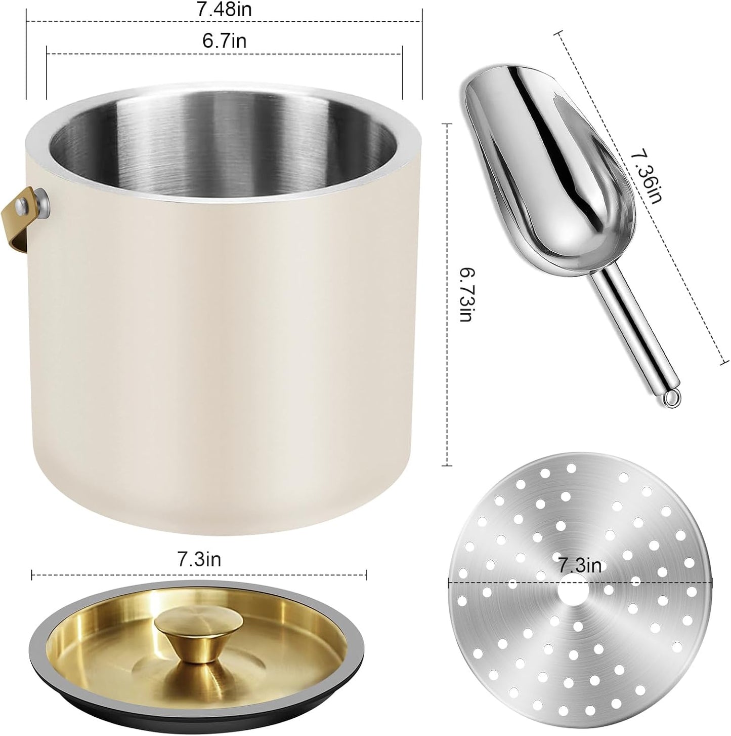 3.2L/3.4QT Modern Insulated Ice Bucket with Silicone Lid, Scoop, Strainer, Double Wall Stainless Steel Ice Bucket for Parties & Cocktail Bar,Ideal for Gift(Black)