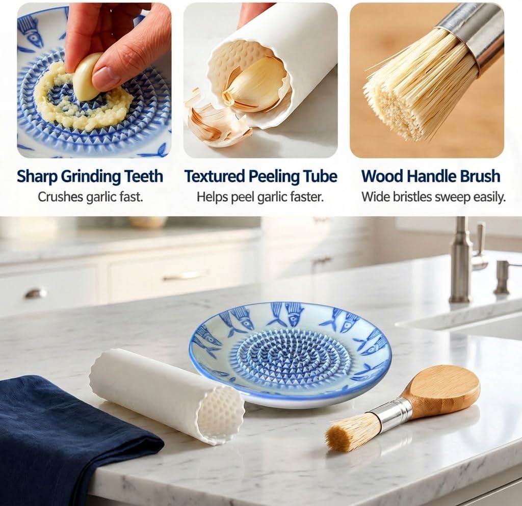 Handcrafted Ceramic Garlic Grater Plate, Ocean Blue