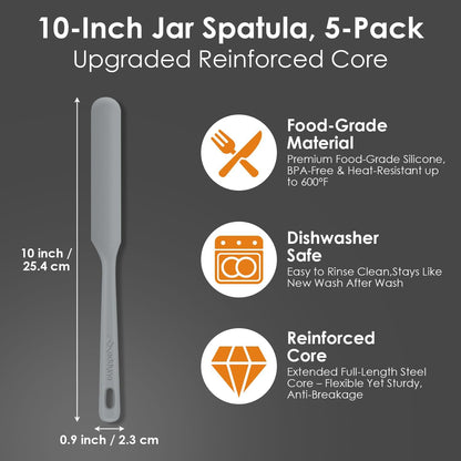 5-Piece Silicone Jar Spatula Set, 10-Inch Long Skinny Spatulas