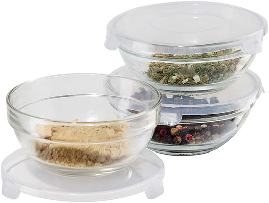 OGGI Set of 3 x Glass Pinch Bowls - 4oz with Clip Lids, Ideal For Salt and Pepper, Storage with Lids, Condiment Bowls, Mini Bowls, Prep Bowls for Cooking or Mise en Place - Clear