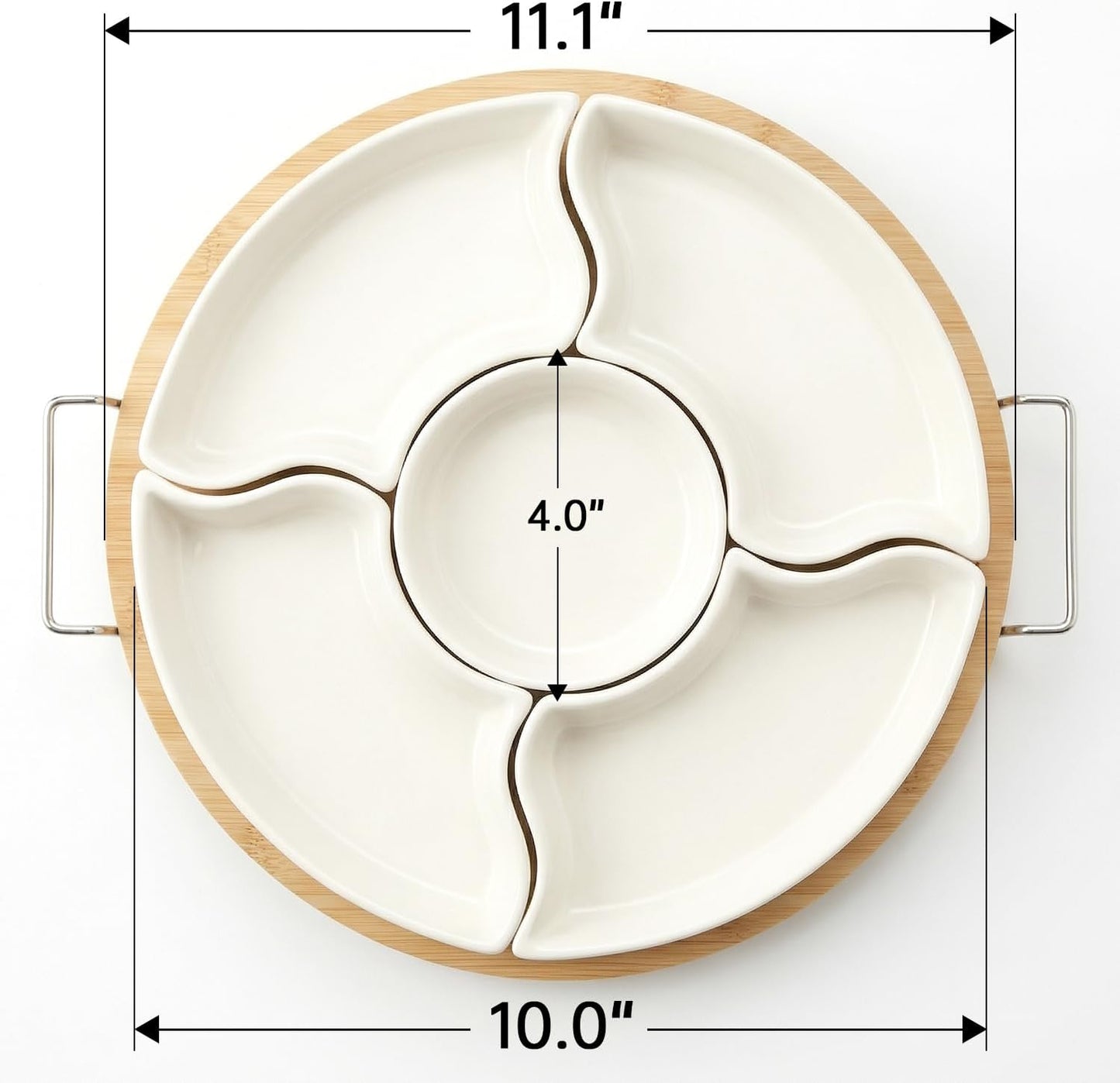 360° Rotating Chip and Dip Set, 12" Divided Serving Tray for Entertaining, Relish Tray for Party, Lazy Susan Taco Bar, Appetizer Serving Platter for Veggies, Candy, Fruit and Snacks