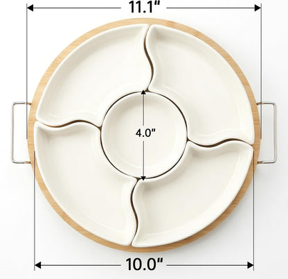 360° Rotating Chip and Dip Set, 12" Divided Serving Tray for Entertaining, Relish Tray for Party, Lazy Susan Taco Bar, Appetizer Serving Platter for Veggies, Candy, Fruit and Snacks