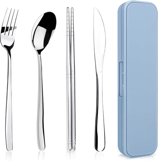 5 Piece Rsiynax Portable Travel Utensils Set with Case, Premium 304 Stainless Steel Camping Utensils Set, Reusable Silverware for Camping, Lunch, Work, School, etc, Easy to Clean (Silver)