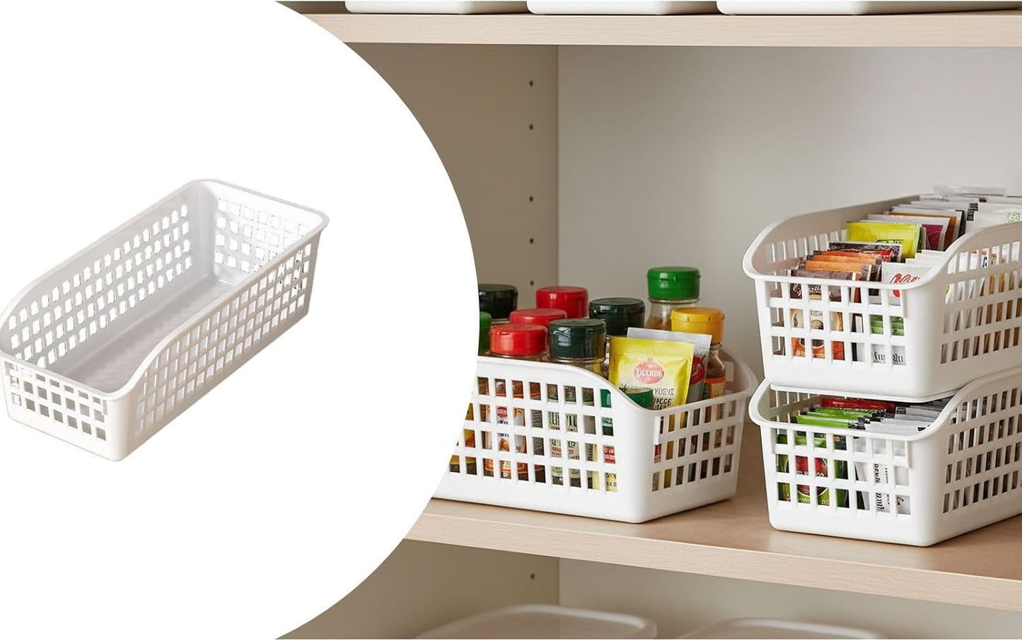 Storage Basket for Kitchen Organizer with Handle, PP Cabinet Basket Bin for Pantry and Bathroom Use