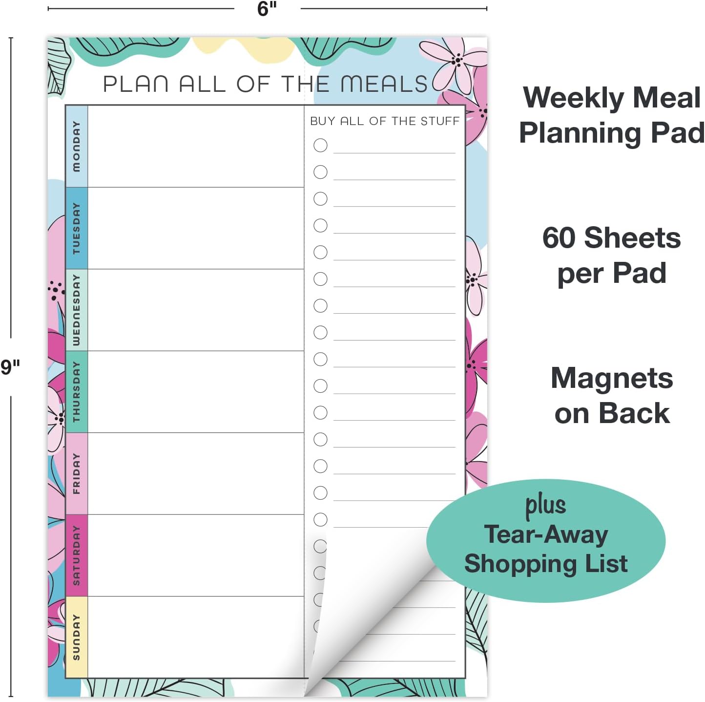 Global Printed Products 8.5" x 11" Horizontal Meal Planning Pad, 60-Sheets, Soft Pink Floral
