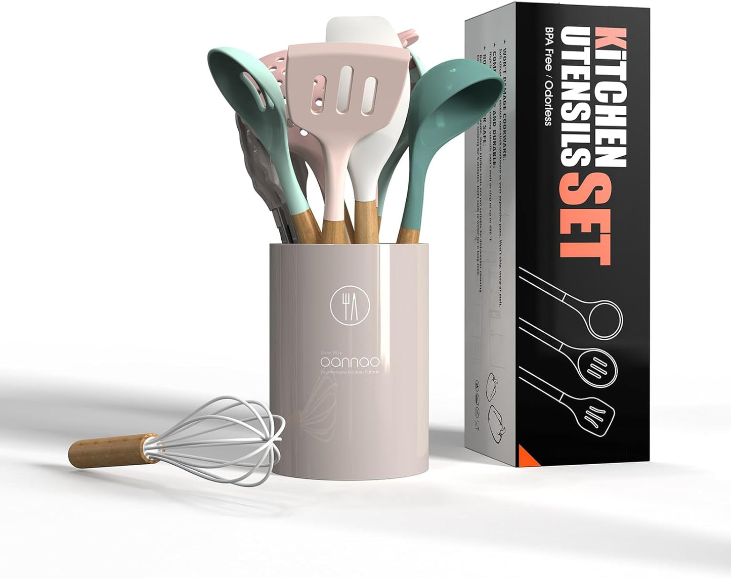 oannao Silicone Cooking Utensils Kitchen Utensil Set - 446°F Heat Resistant Silicone Kitchen Utensils Set, Spatula,Turner Tongs, Spoon, Whisk,Kitchen Gadgets for Nonstick Cookware, BPA Free (Gray)