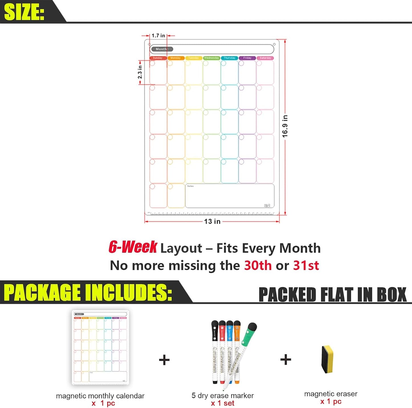 Magnetic Weekly Calendar for Fridge (Monday Start), Vertical Dry Erase Planner with Large Writing Space & Side Notes – Includes 6 Markers, Reusable Whiteboard for Busy Schedules
