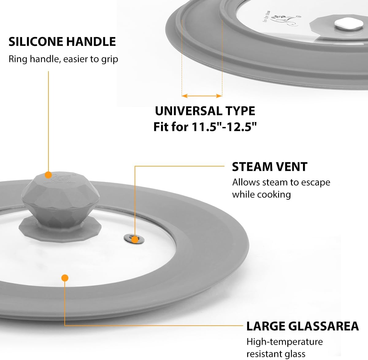 Vented Tempered Glass Universal Lid for Pot Pan Skillet with Heat Resistant Silicone Rim Microwave Splatter Lid Cover Microwave Safe Fit 11.5" 12" 12.5" Cookware, Dishwasher Safe Grey