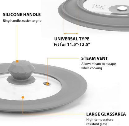 Vented Tempered Glass Universal Lid for Pot Pan Skillet with Heat Resistant Silicone Rim Microwave Splatter Lid Cover Microwave Safe Fit 11.5" 12" 12.5" Cookware, Dishwasher Safe Grey