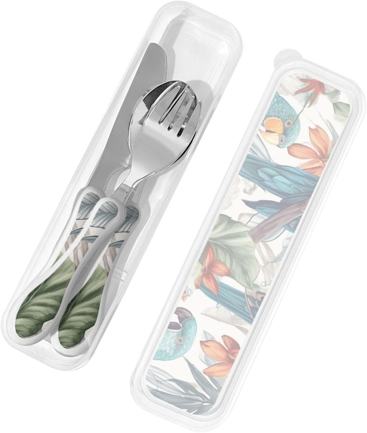 3-Piece Kids Silverware Set With Storage Case, Stainless Steel Reusable Children Safe Knife Spoon Fork Set Parrots On Branches Children Flatware Set For Kids Lunch Box