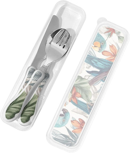 3-Piece Kids Silverware Set With Storage Case, Stainless Steel Reusable Children Safe Knife Spoon Fork Set Parrots On Branches Children Flatware Set For Kids Lunch Box