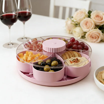 Divided Serving Tray that Spins, Divided Spin and Snack Snack Spinner with Lid, Snackle Box Container, Rotating Lazy Susan Multi-Compartment Tray for Fruit, Nuts, Candy, Party & Picnic (Grey)