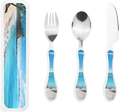 3-Piece Kids Silverware Set With Storage Case, Stainless Steel Reusable Children Safe Knife Spoon Fork Set Leaves Floral On Rustic Wood Children Flatware Set For Kids Lunch Box