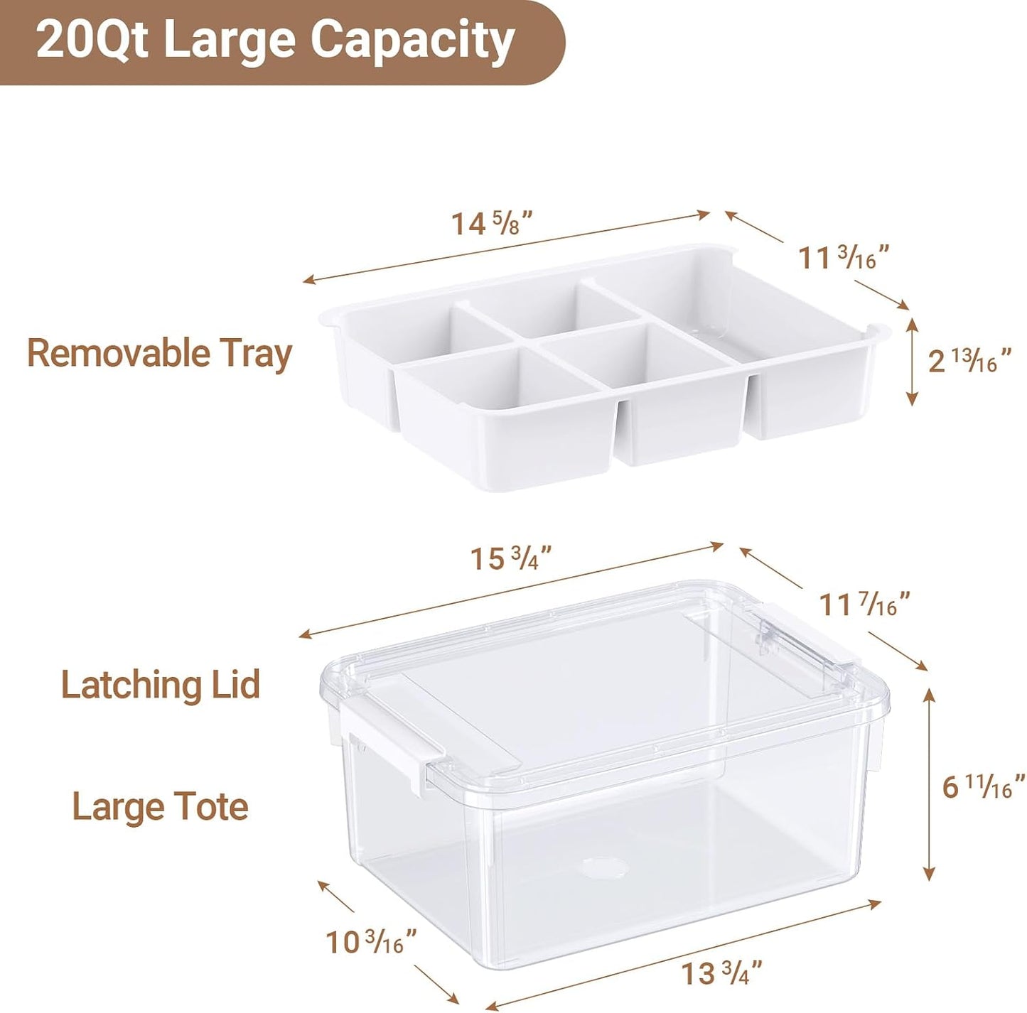 40Qt Stackable Storage Bins with Lids & Trays, Clear Plastic Latching Boxes Organizers with Dividers Portable 10Gal Containers for Arts & Crafts, Home and Car Trunk Organization, 2Pack