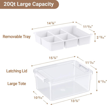 40Qt Stackable Storage Bins with Lids & Trays, Clear Plastic Latching Boxes Organizers with Dividers Portable 10Gal Containers for Arts & Crafts, Home and Car Trunk Organization, 2Pack