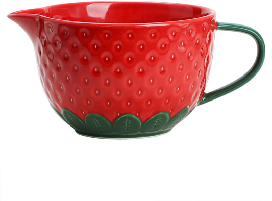 Gaolinci Strawberry Embossed Ceramic Mixing Bowl, 1 Quart Batter Bowl, with Pouring Spout and Handle