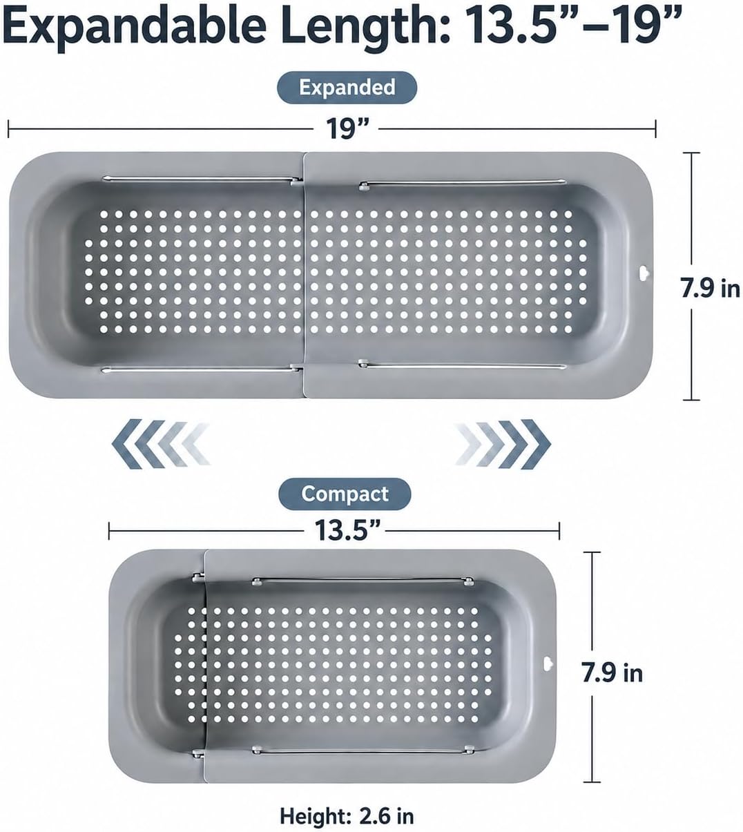 Expandable Over Sink Strainer for Kitchen Sink, Adjustable Sink Colander Basket, Kitchen Sink Strainer for Washing Fruits, Vegetables, Dishes & Utensils, Space Saving Drain Basket, Gray