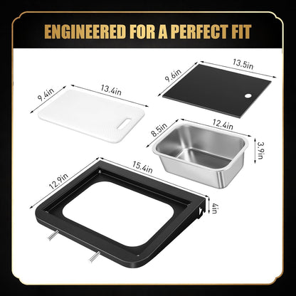 QuliMetal Folding Front Shelf for Traeger Pro 34, Texas Elite 34, Century 885 and Eastwood 34, 37" x 12" Heavy-Duty Grill Prep Table with Cutting Board, Stainless Steel Basin, Lid and 5 Hooks