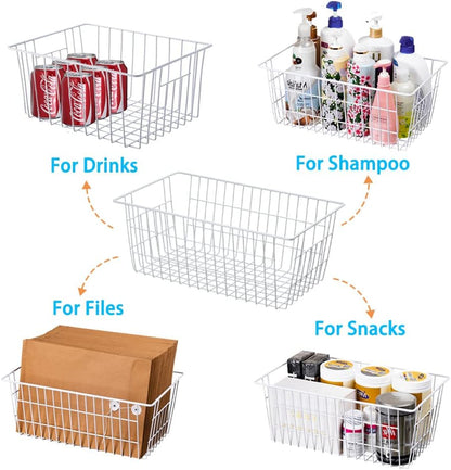 SANNO Freezer Baskets for Storage Pantry Large Metal Wire Food Storage Organizer Bin Basket with Handles - for Kitchen Cabinets, Pantry, Bathroom, Laundry Room, Closets, Garage - Chrome，2 pack