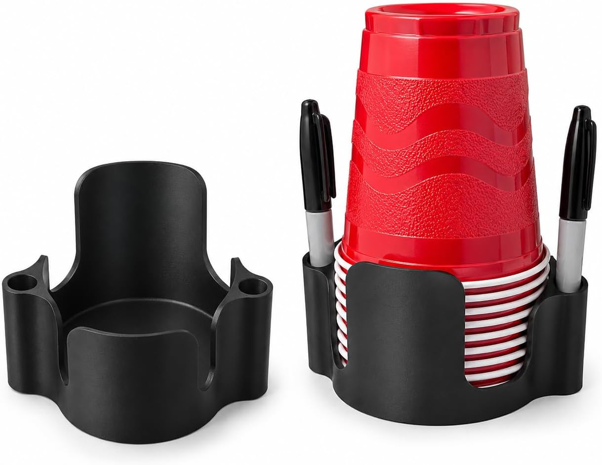 Party Cup Dispenser with Marker Holder – Stackable Plastic Cup Organizer for Parties, Events, BBQs, Picnics, Graduations & Drink Stations, Cup and Marker Caddy, Black (Red)