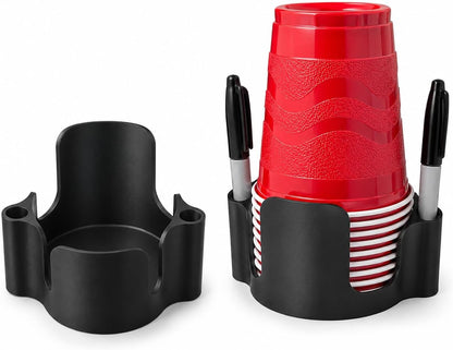 Party Cup Dispenser with Marker Holder – Stackable Plastic Cup Organizer for Parties, Events, BBQs, Picnics, Graduations & Drink Stations, Cup and Marker Caddy, Black (Red)