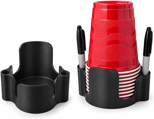 Party Cup Dispenser with Marker Holder – Stackable Plastic Cup Organizer for Parties, Events, BBQs, Picnics, Graduations & Drink Stations, Cup and Marker Caddy, Black (Red)