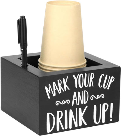 QWORK Disposable Cup Holder with Marker Slot - Solid Wood, Wooden Party Cup Holder, Drink Caddy Dispenser Organizer Drink Up Cup Holder for Kitchen, Parties, Bathrooms, Housewarming Party Decor