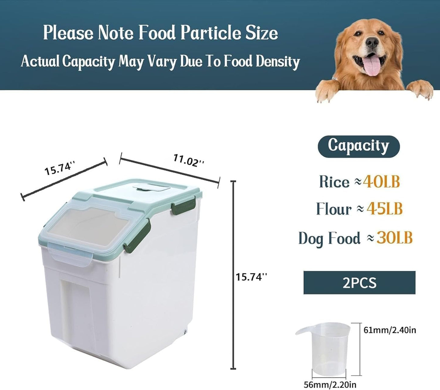AnRui Airtight Flour Storage Container 25lb, Plastic Grain Storage Bucket, Rice Cereal Dispenser Organizer Box with Lid, Cat Dog Food Storage Bin with Measuring Cup, Scoop, Wheels, 2Pcs Green