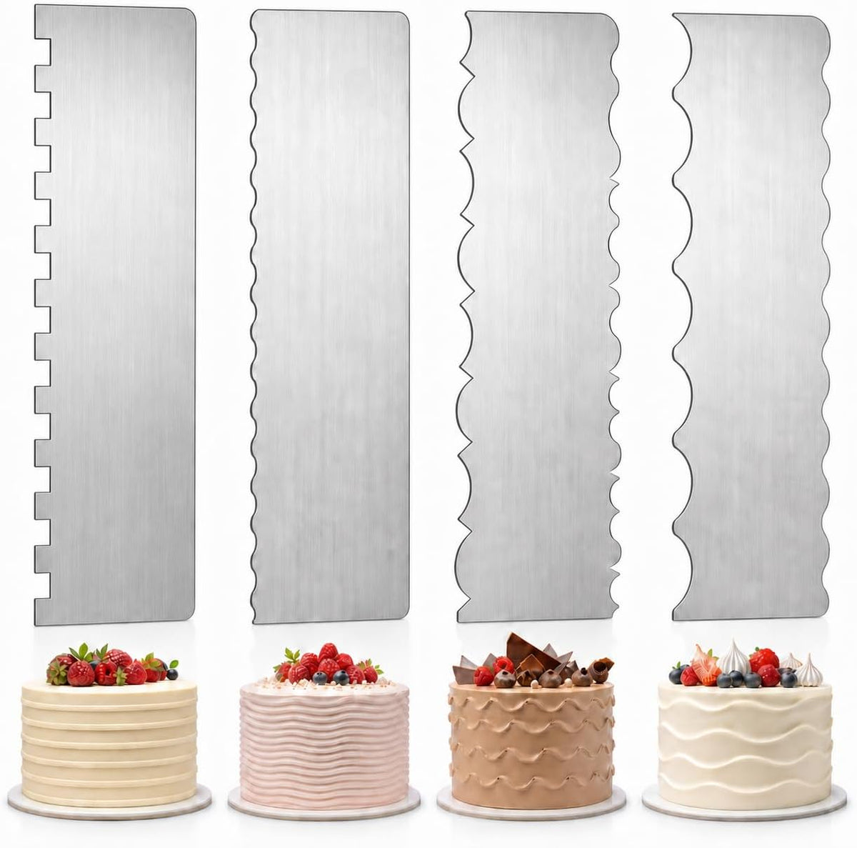 Cake Scraper Set of 4, Stainless Steel Cake Texture Comb