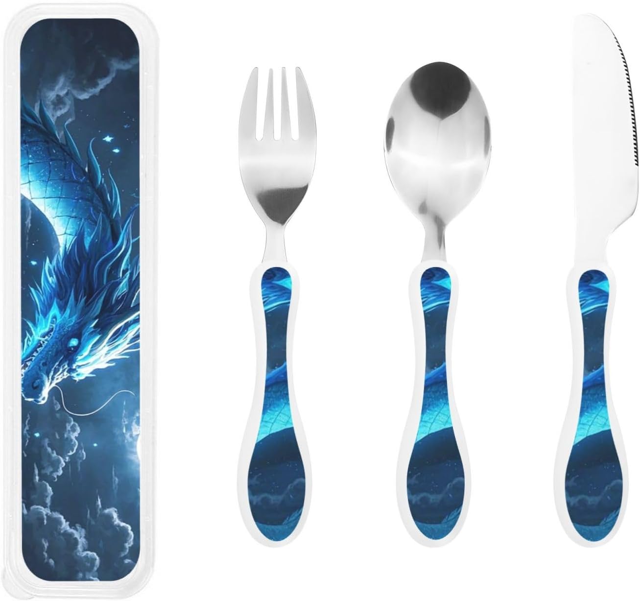 3-Piece Kids Silverware Set With Storage Case, Stainless Steel Reusable Children Safe Knife Spoon Fork Set Chinese Celadon Peacock Children Flatware Set For Kids Lunch Box