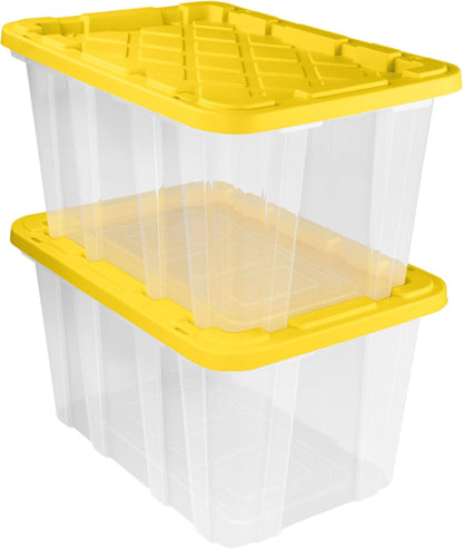 Sterilite 4-Pack 27 Gallon Industrial Storage Tote, Heavy-Duty Plastic Bins, Black/Yellow - Stackable Utility Organizers with Lids for Garage, Camping Tools, and Outdoor Gear