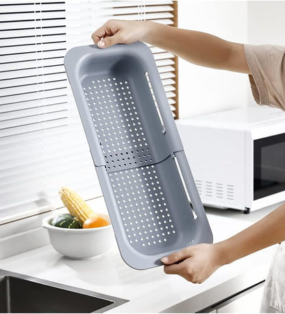 Expandable Over Sink Strainer for Kitchen Sink, Adjustable Sink Colander Basket, Kitchen Sink Strainer for Washing Fruits, Vegetables, Dishes & Utensils, Space Saving Drain Basket, Gray