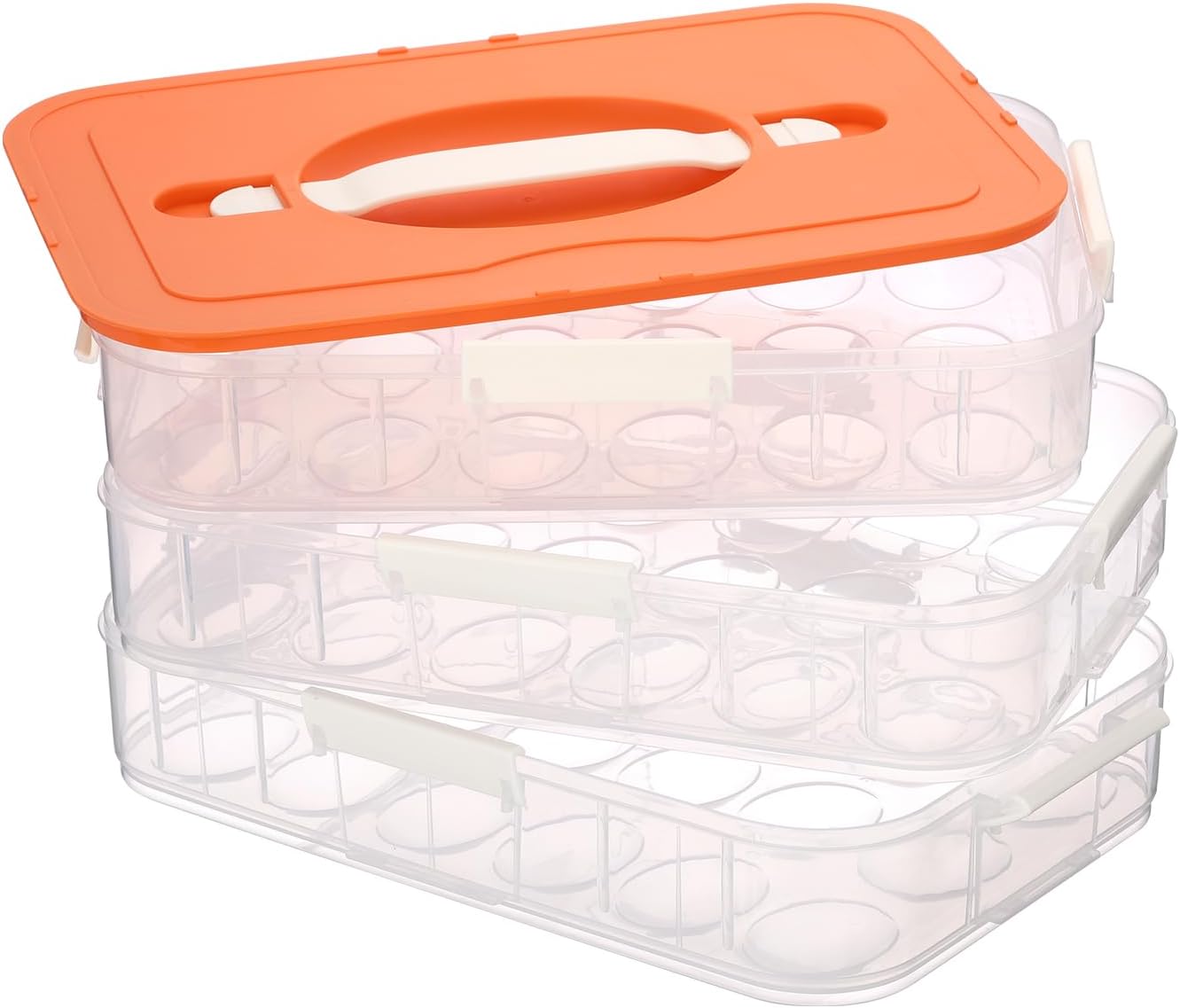 BTSKY Deviled Egg Platter with Lid, 3-Layer 54 Slots Deviled Eggs Carrier, Clear Portable Egg Holder for Fridge Reusable Deviled Eggs Tray Carton Box for Easter and Party Favor (3-Layer, Orange)