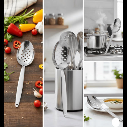 Chef Kunz Slotted Spoon | 9 Inch 18/10 Stainless Steel Silver Chef Cooking Spoons | Basting, Quenelle, Plating Spoon for Draining and Serving, Dishwasher Safe (Slotted)
