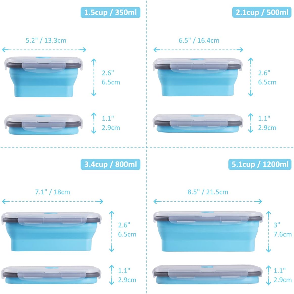Collapsible Food Storage Containers with Lids, 4 Pack, 40 oz Silicone 1-Compartment Meal Prep Containers Reusable, Lunch Bento Boxes for Adults, Microwave Freezer Dishwasher Safe, BPA-Free, Black