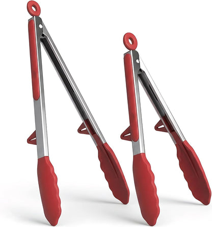 Kitchen Tongs Set of 2 (9” & 12”) – Stainless Steel & Silicone Cooking Tongs with Built-in Stand & Dishwasher Safe – Heat Resistant up to 600°F – Perfect for Grilling, BBQ, Salad & Frying