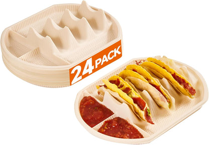 24 PCS Large Disposable Taco Holder for Party, Cornstarch Plates, Stand for 3 Tacos, 2 Dipping Areas, Fiesta Trays for Tuesday, Bar Serving Set, Microwave Safe
