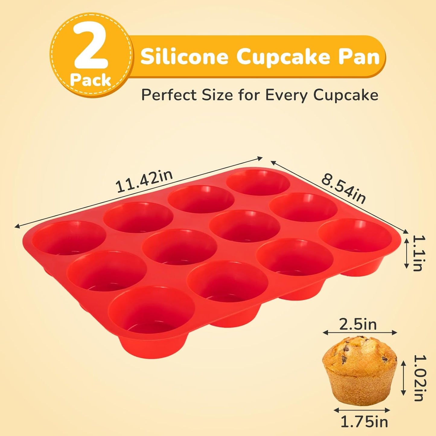 2 Pack Silicone Cupcake Pan for Baking, Nonstick Silicone Muffin Pans, 12 Cups Regular Size Cupcake Pan, Durable and Flexible, Quick-Release, Easy to Clean, Ideal for Home Baking and Party, Red