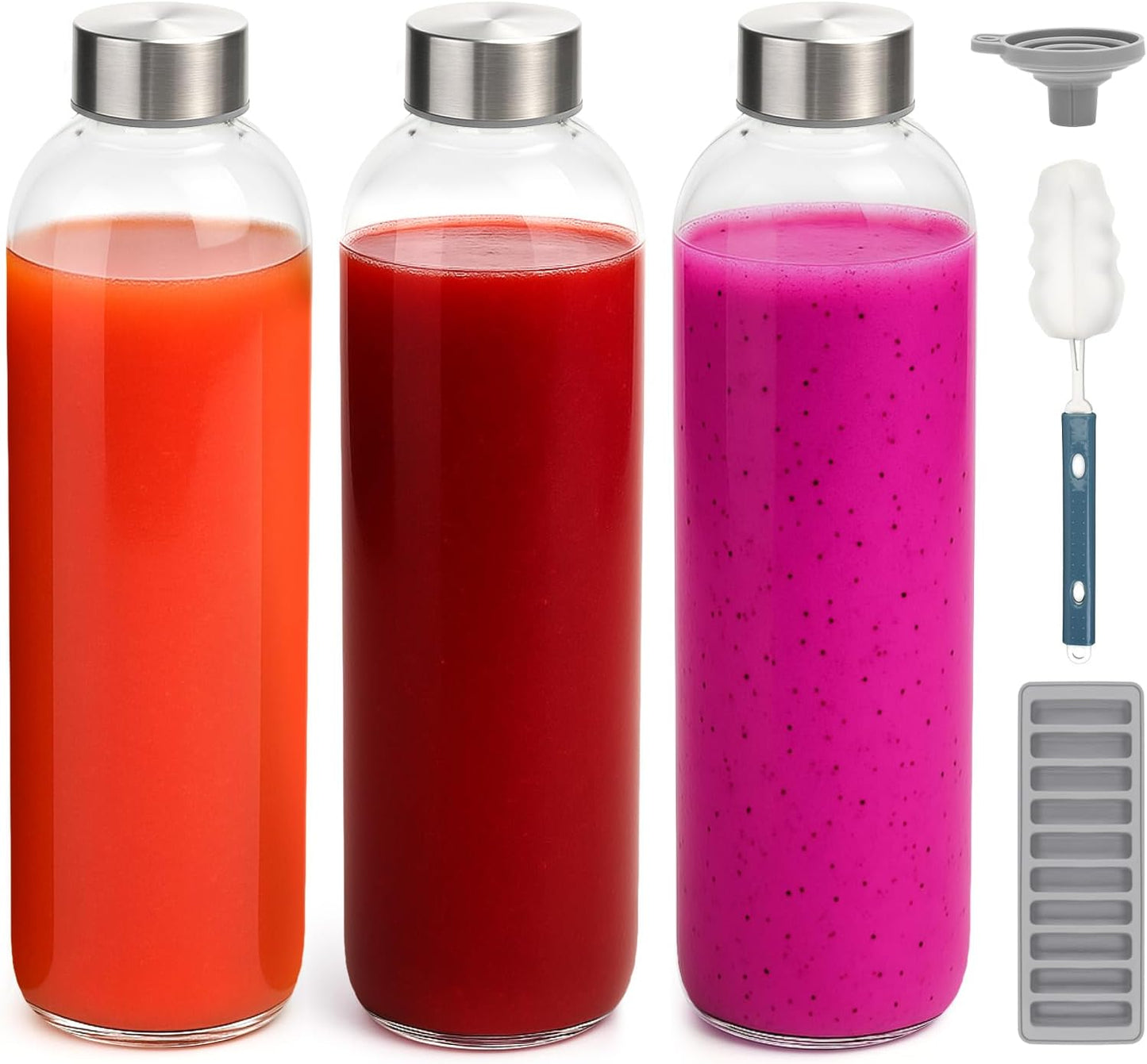 Zukro Glass Juice Bottles with Lids for Juicing 18 oz, Reusable Clear Glass Water Bottles with Stainless Steel Airtight Cap for Refrigerator, 100% Leak Proof Drinking Jar, BPA Free, Set of 6