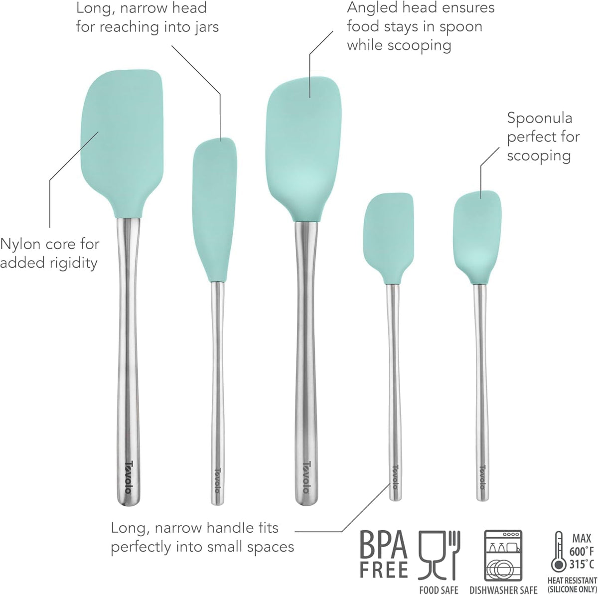 Tovolo Flex Core 5 Piece Silicone Spatula Set Heat Resistant All Silicone Utensils Include Non Stick Spatula Spoonula Jar Scraper, Dishwasher Safe BPA Free Spatulas for Baking Mixing, White
