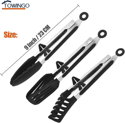 9" Kitchen Tongs for cooking with Silicone Tips, 3Pcs Serving Tongs, Blue