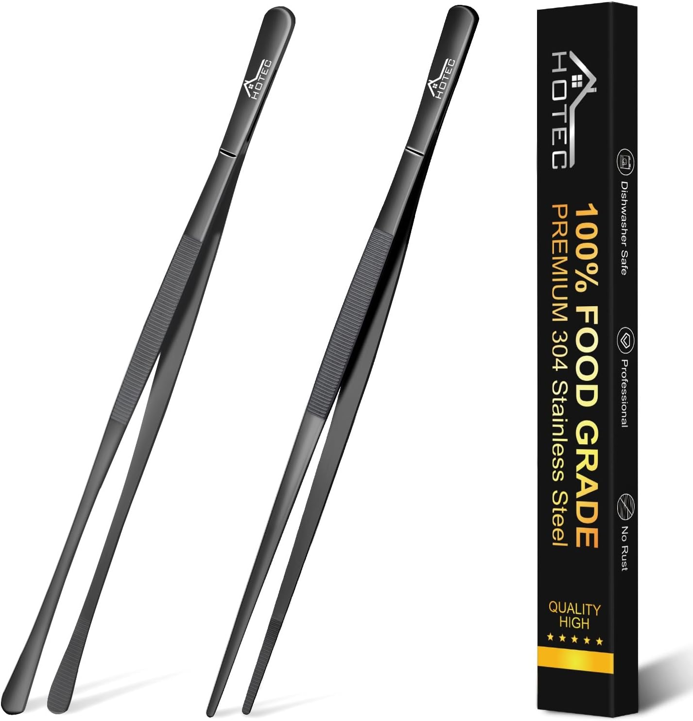 HOTEC Kitchen Tweezers Tongs Stainless Steel Professional Chef Tweezers, Set of 3-6.3", 10" and 12inch Food Tongs for Cooking, Repairing, Dessert, BBQ, Meat, Pasta