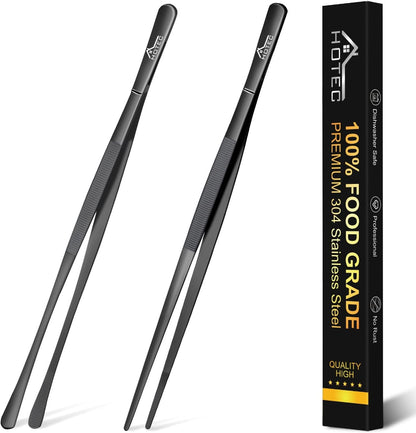 HOTEC Kitchen Tweezers Tongs Stainless Steel Professional Chef Tweezers, Set of 3-6.3", 10" and 12inch Food Tongs for Cooking, Repairing, Dessert, BBQ, Meat, Pasta