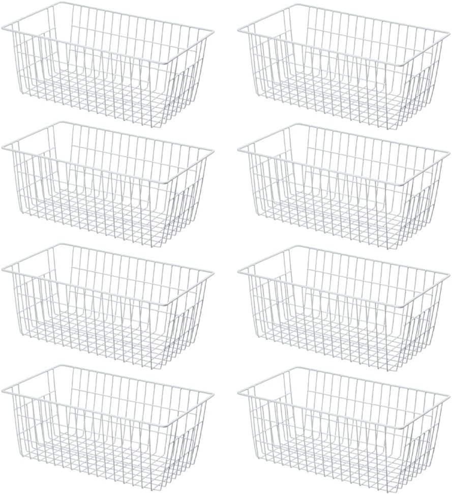 SANNO Freezer Baskets for Storage Pantry Large Metal Wire Food Storage Organizer Bin Basket with Handles - for Kitchen Cabinets, Pantry, Bathroom, Laundry Room, Closets, Garage - Chrome，2 pack