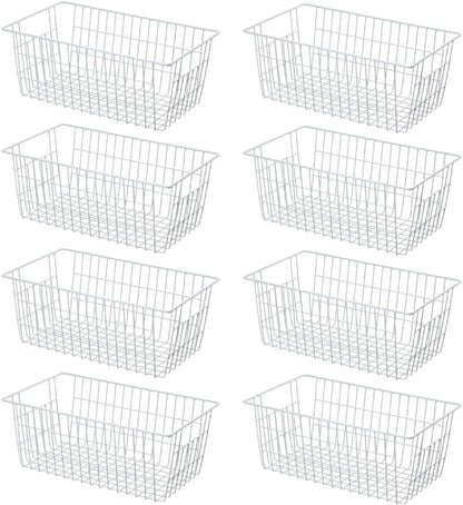 SANNO Freezer Baskets for Storage Pantry Large Metal Wire Food Storage Organizer Bin Basket with Handles - for Kitchen Cabinets, Pantry, Bathroom, Laundry Room, Closets, Garage - Chrome，2 pack