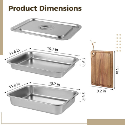 OMISTAR 3 Pcs Grilling Prep and Serve Tray Set, Includes a Stainless Steel Marinade Container with Lid, a Rectangular Food Prep Tray, and a Acacia Cutting Board, Perfect BBQ Grill Accessories
