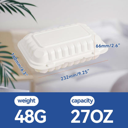Food Containers 7.8" 30 oz 65 Pack - BPA Free Mineral Filled PP Plastic | 3 Compartment Shrink Wrap Clamshell Stackable | Reusable Freezer & Microwave Safe | White Commercial Takeout Boxes